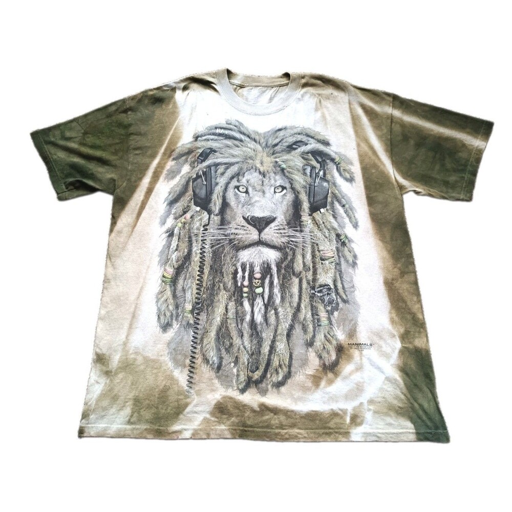The Mountain Men's 2XL Brown Lion Headphones Graphic T-Shirt Crew Neck Cotton
